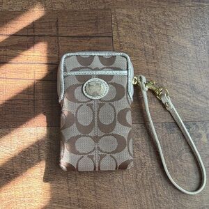 Brown canvas camera and card Coach wristlet
